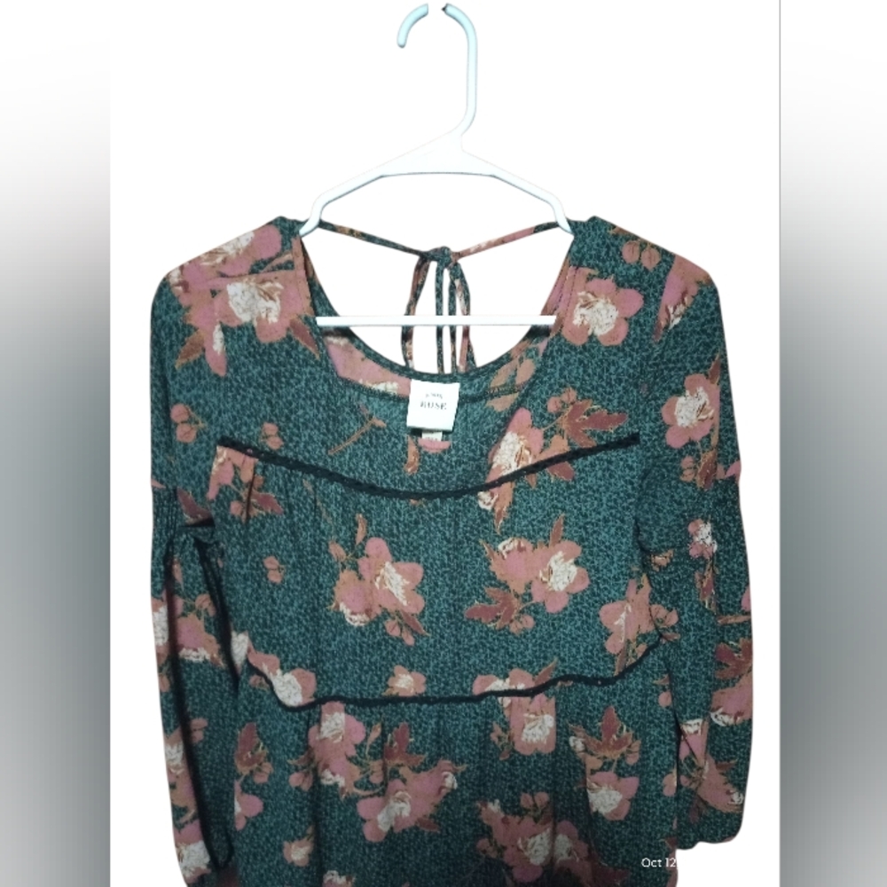 Knox Rose Green & Pink Floral Blouse Small Boho Peasant Top for Women